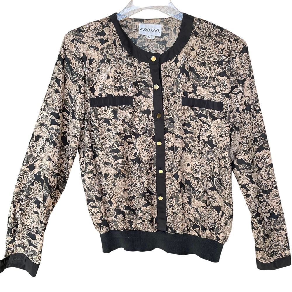 Andrea Gayle VTG Women's Button Up Cardigan Blouse Long Sleeve Cream Black Sz 10